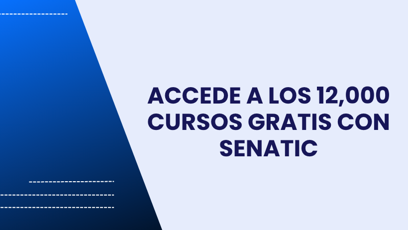 Texto en español sobre fondo geométrico gris claro y azul: "Accede a los 12.000 cursos gratis de finanzas y crédito con SENATIC". Líneas azules decoran la esquina inferior izquierda. El estilo es limpio y moderno.